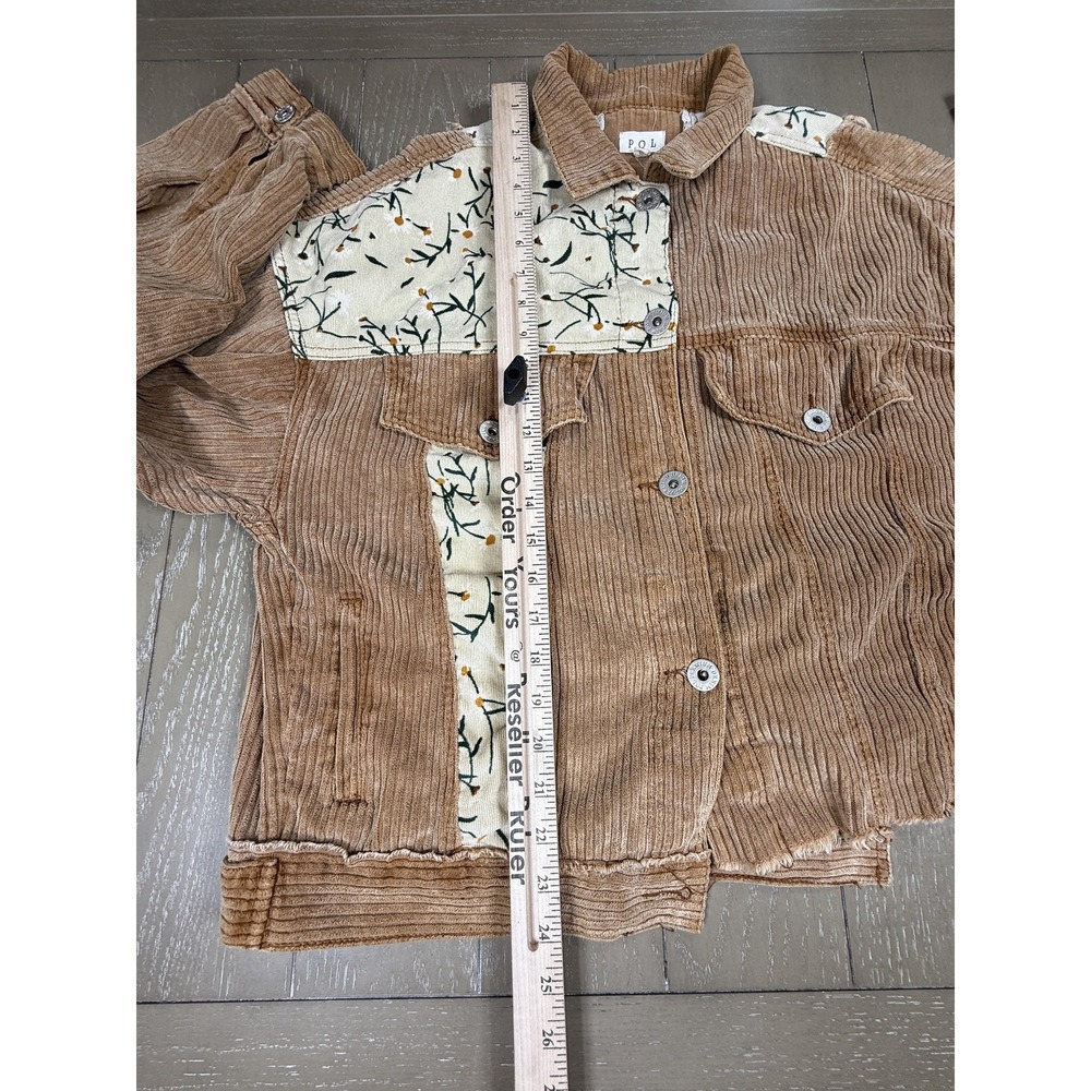 POL Jacket Womens Small Tan Corduroy Floral Patchwork Frayed Hem Oversized Boho - Picture 9 of 11